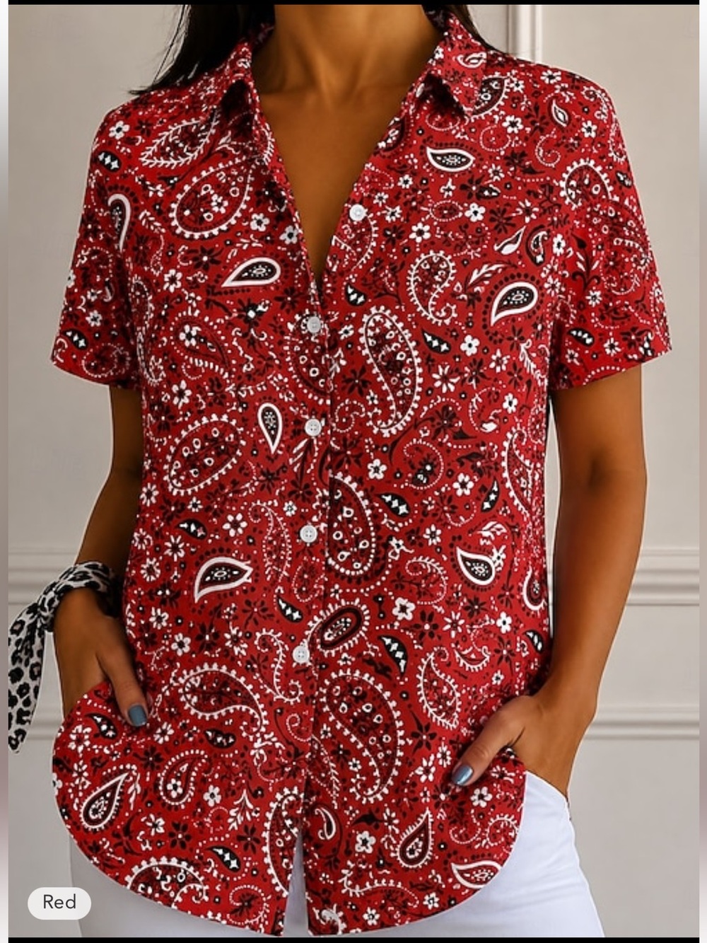 Magazine Red Paisley Button-Up Blouse
